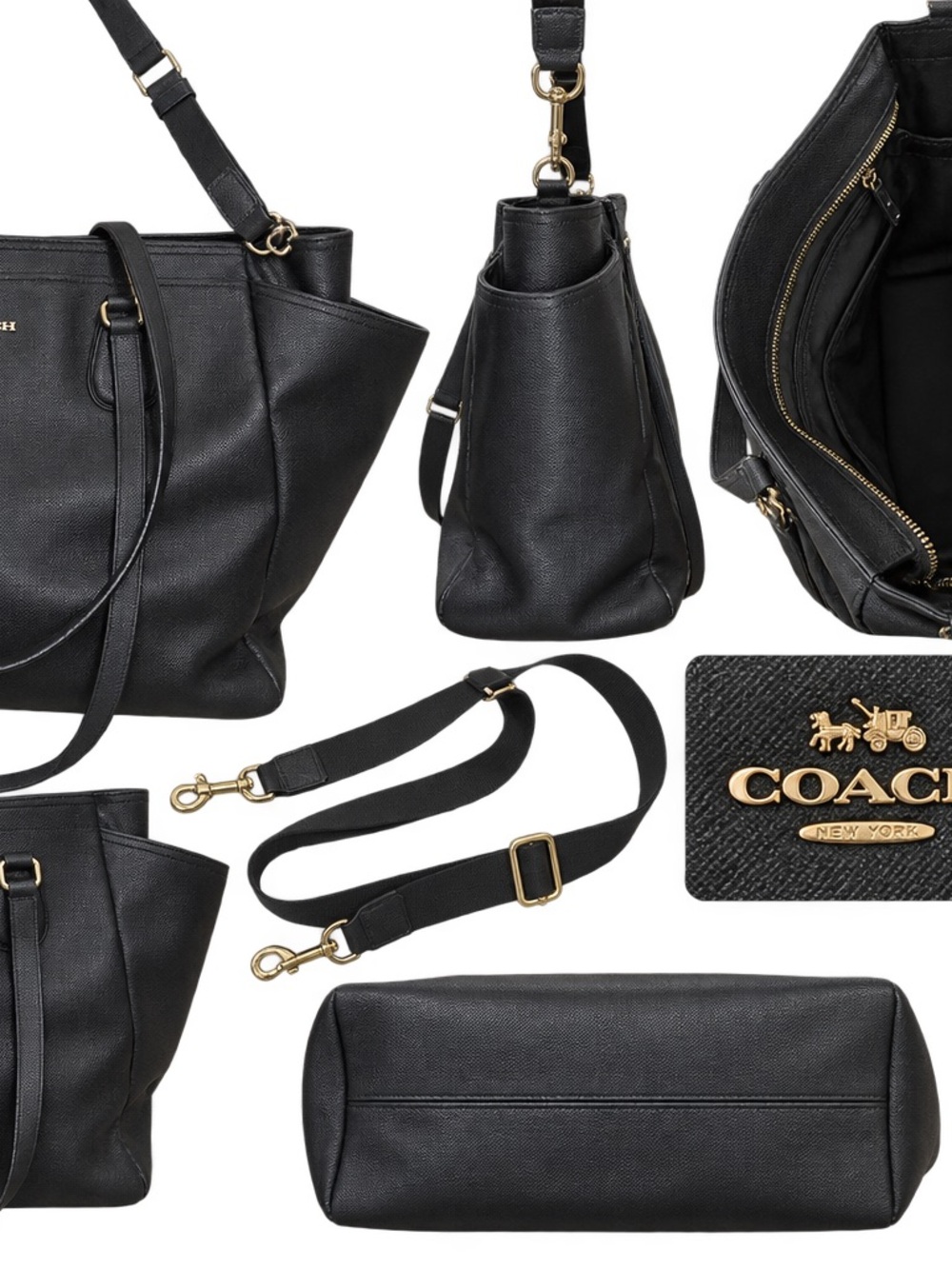 COACH Black Pebbled Leather Tote with Gold Hardware and Detachable Strap